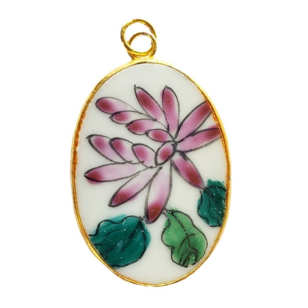 Vintage Porcelain Floral Oval Pottery Shard Pendant Pink Green Gold Tone Jewelry